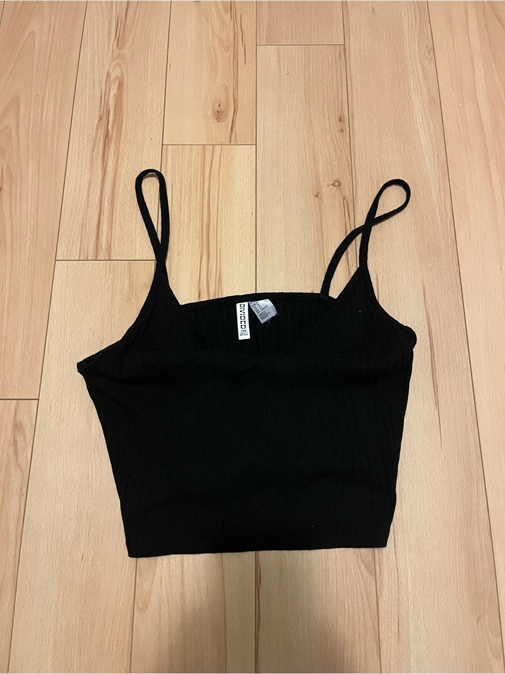 Divided Black Ribbed Spaghetti-Strap Crop Top